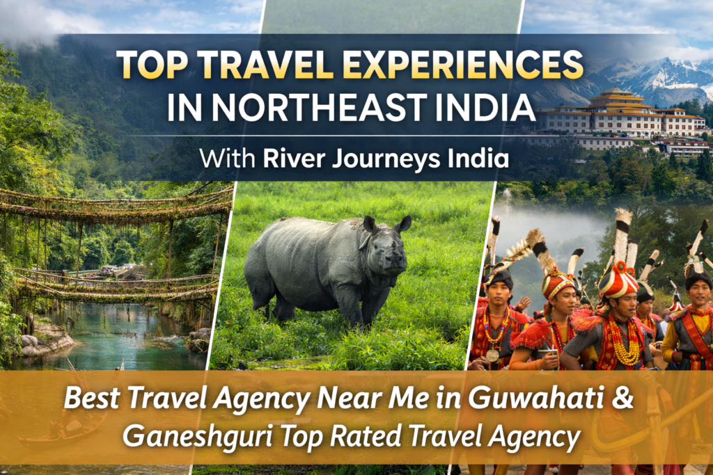 Top travel experiences in Northeast India with River Journeys India including Majuli, Shillong, Kaziranga, Tawang, and cultural festivals