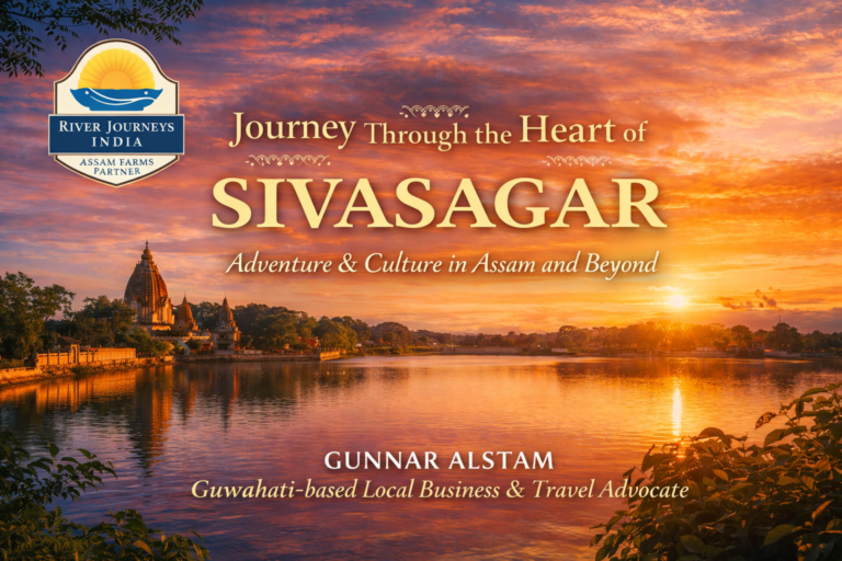 Sivasagar landscape featuring the Sivadol Temple, with sunset hues and lush greenery, promoting River Journeys India’s adventure and cultural tours.