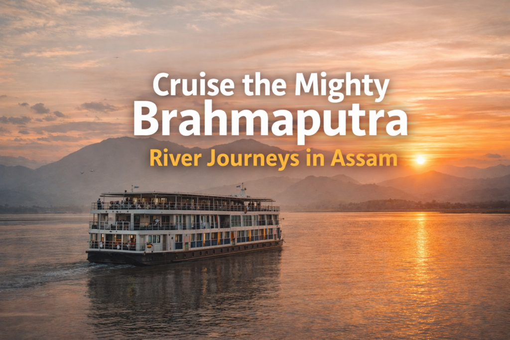 Sunset view of a Brahmaputra River cruise vessel with the text 'Cruise the Mighty Brahmaputra | River Journeys in Assam.' The river reflects the ship, with mountains in the background.