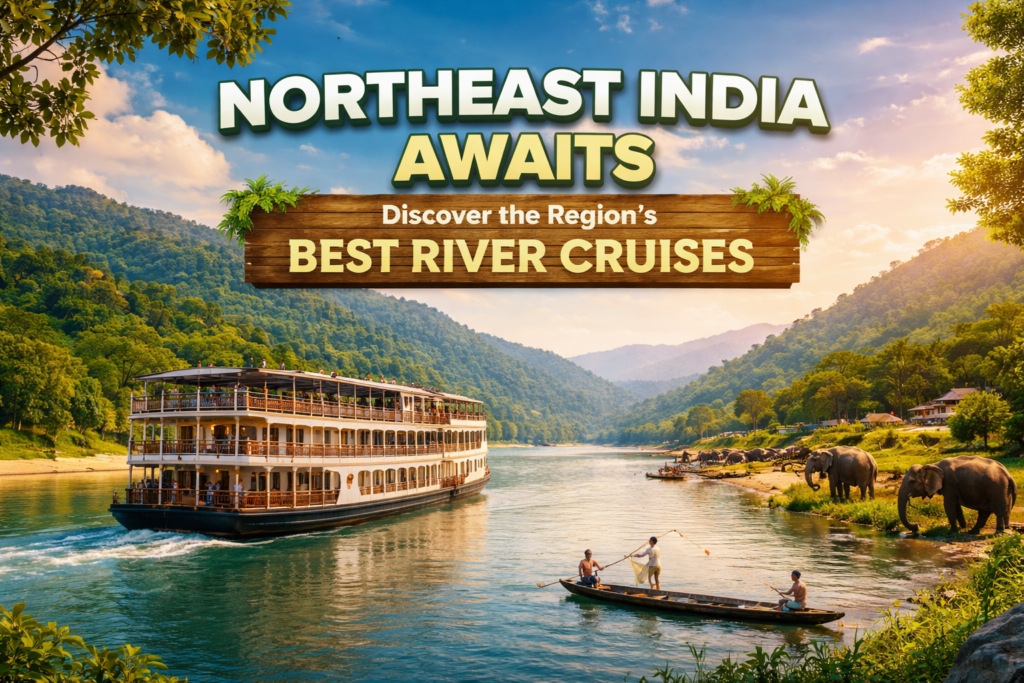 A scenic river cruise along the Brahmaputra River in Northeast India, with elephants bathing by the shore and local fishermen casting nets.