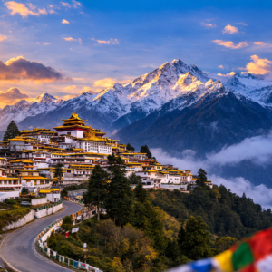 A breathtaking panoramic view of a Buddhist monastery perched on a hillside, surrounded by snow-capped peaks, prayer flags, and lush greenery, bathed in the warm light of early or late sunlight.