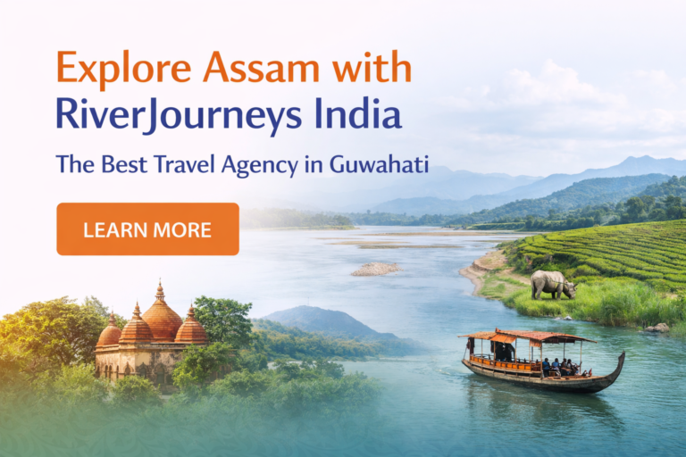 Explore Assam with RiverJourneys India: Featuring the Brahmaputra River, traditional boat, Kaziranga National Park, and tea gardens with the call-to-action "LEARN MORE".