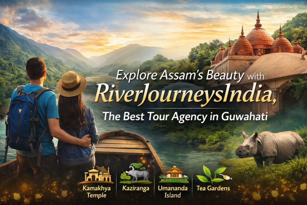 Explore Assam’s beauty with RiverJourneysIndia, showcasing Brahmaputra River, Kamakhya Temple, Kaziranga, Umananda Island, and Assam Tea Gardens
