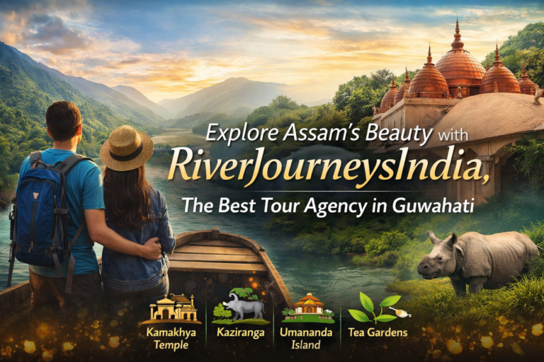 Explore Assam’s beauty with RiverJourneysIndia, showcasing Brahmaputra River, Kamakhya Temple, Kaziranga, Umananda Island, and Assam Tea Gardens
