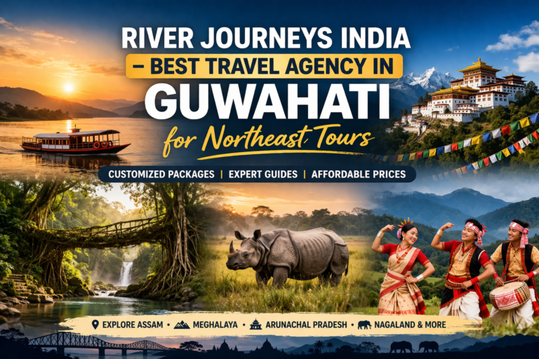 River Journeys India best travel agency in Guwahati featuring Northeast India river, mountains, monastery and wildlife scene
