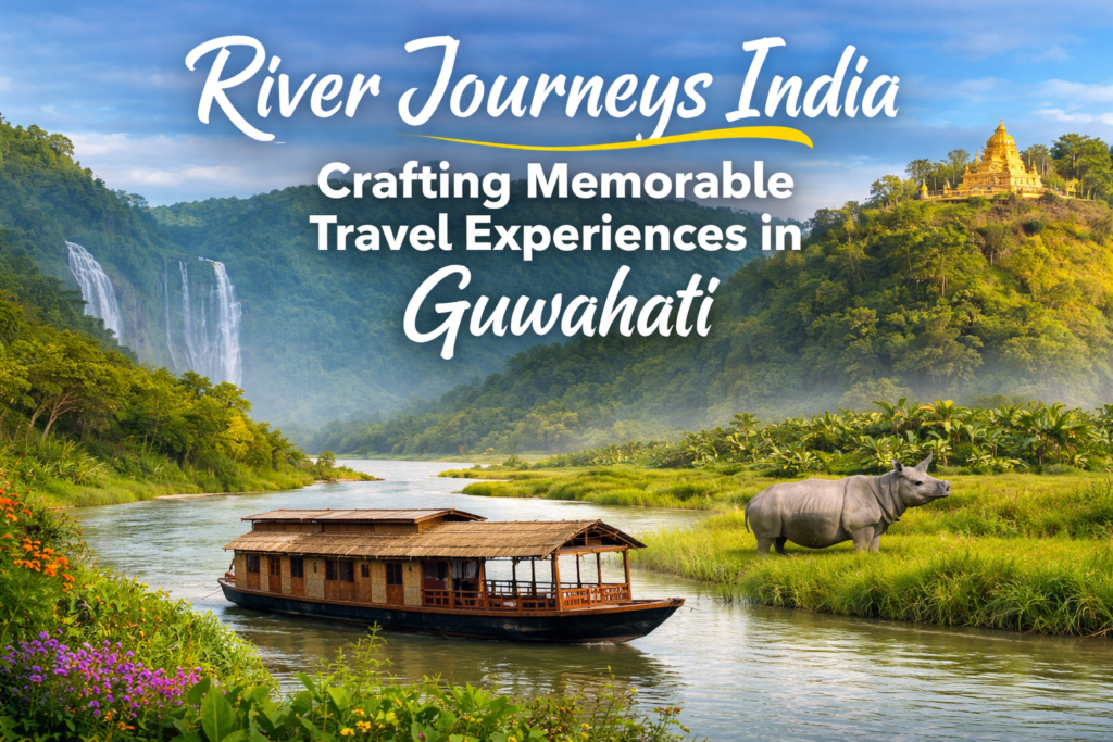 Traditional houseboat on the Brahmaputra River, rhino grazing, waterfall, and golden temple in Guwahati, Assam, with the text “River Journeys India” and “Crafting Memorable Travel Experiences in Guwahati.”