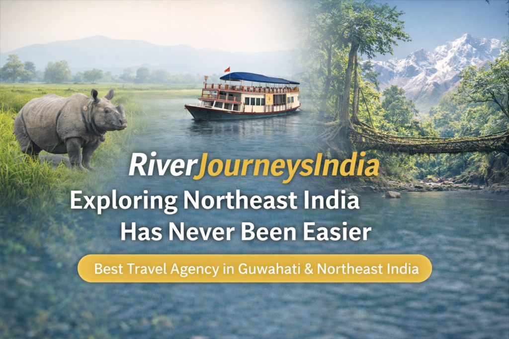 A promotional banner for RiverJourneysIndia showcasing the best of Northeast India with images of a one-horned rhino, an Assamese river cruise, a living root bridge in Meghalaya, and the snow-capped mountains of Sikkim.